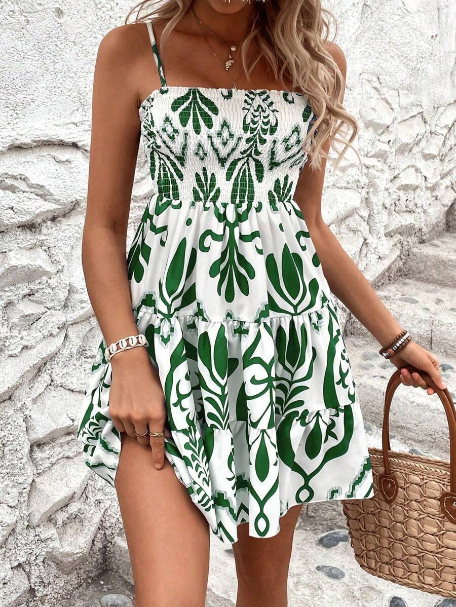Lilou Plant Print Gathered Cami Dress