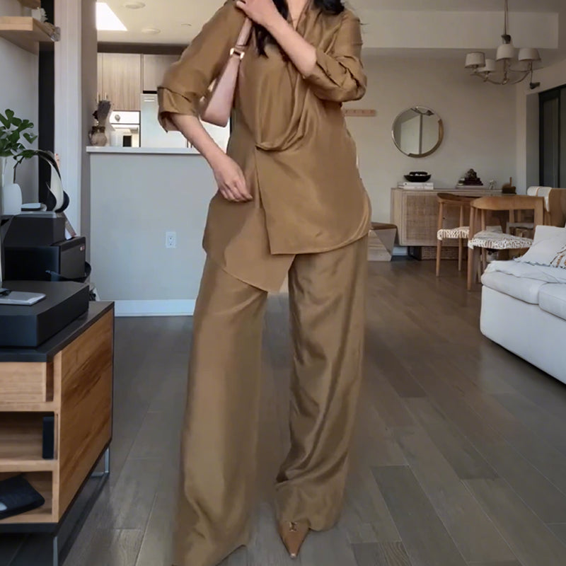 Ensemble Élégance Décontractée – Col V & Pantalon Fluide