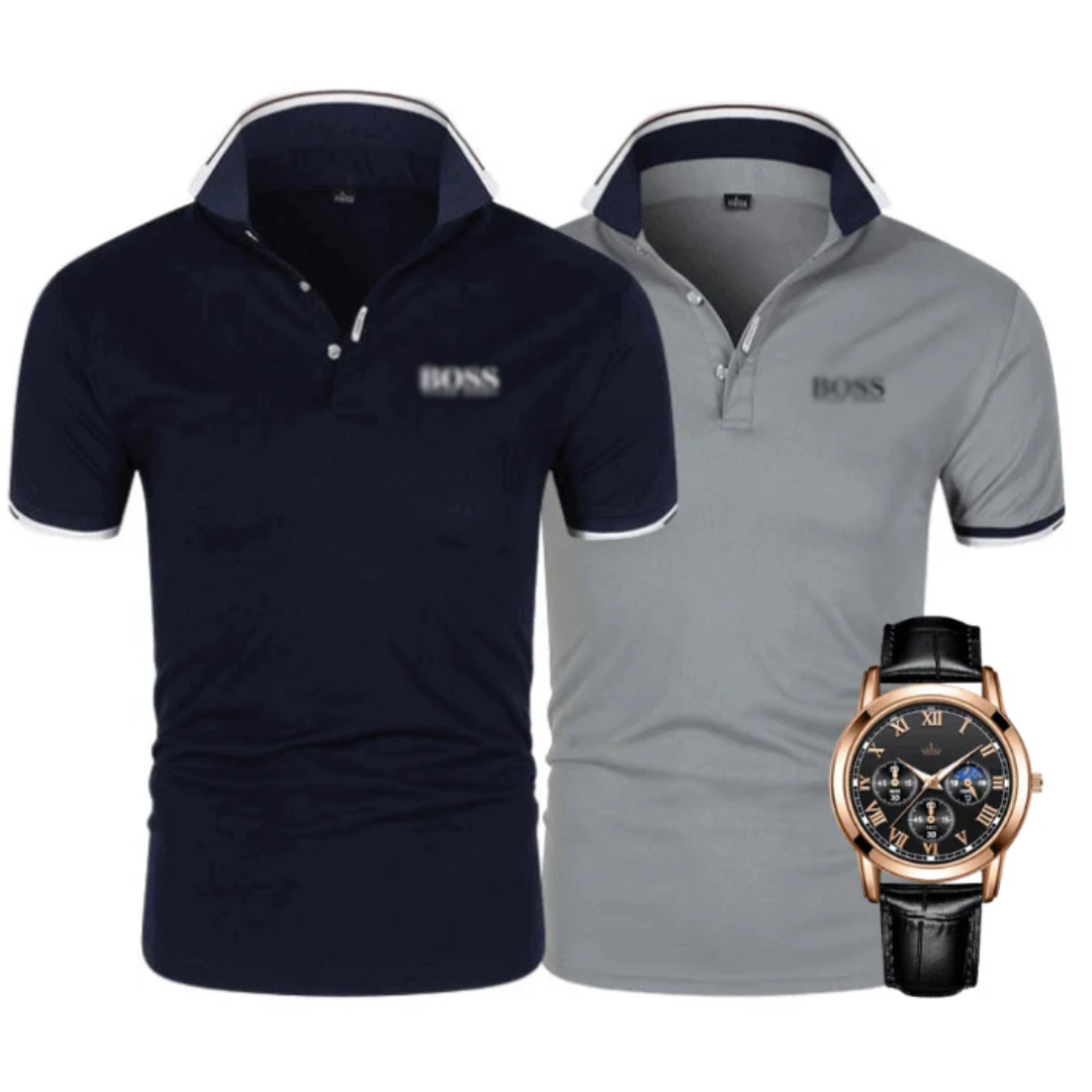Take 2, Pay for 1 – 2-Piece set Premier Polo Shirts + Free Watch