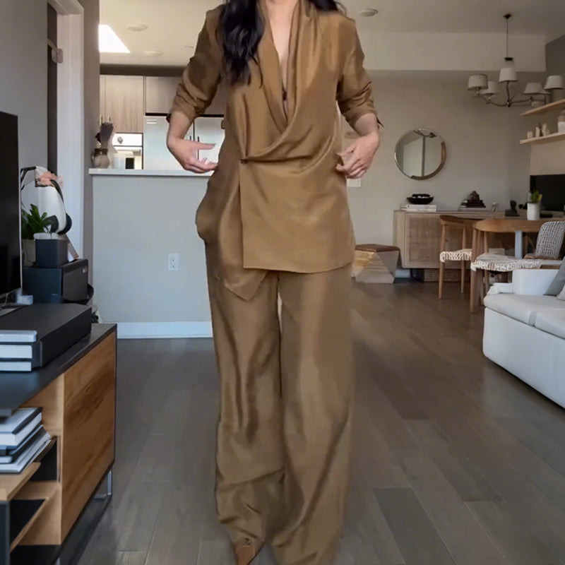 Ensemble Élégance Décontractée – Col V & Pantalon Fluide