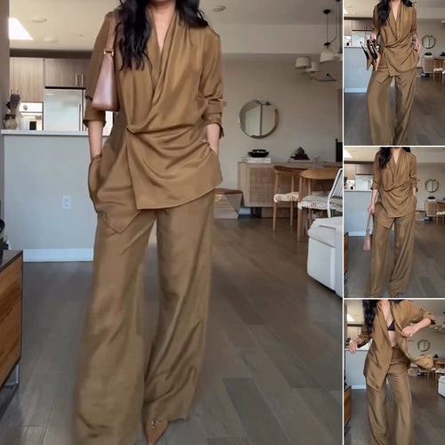 Ensemble Élégance Décontractée – Col V & Pantalon Fluide