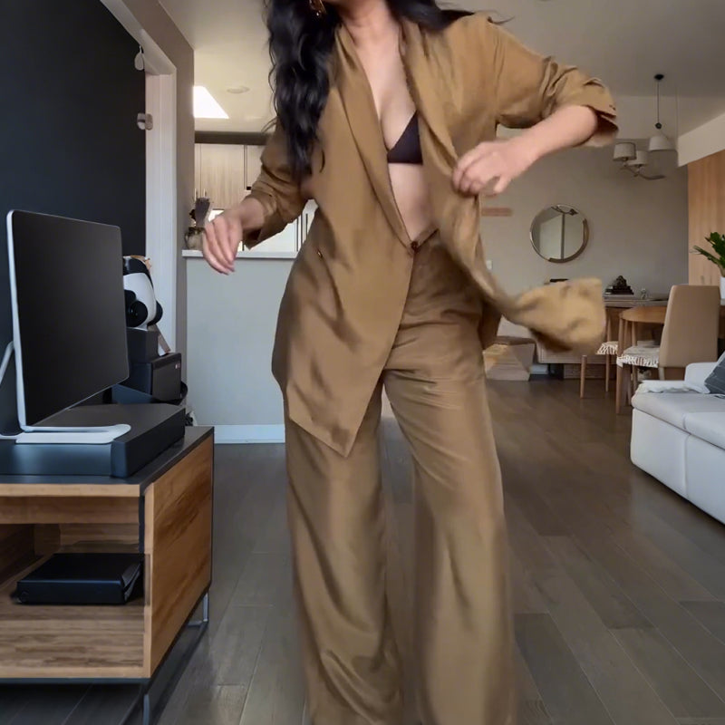 Ensemble Élégance Décontractée – Col V & Pantalon Fluide