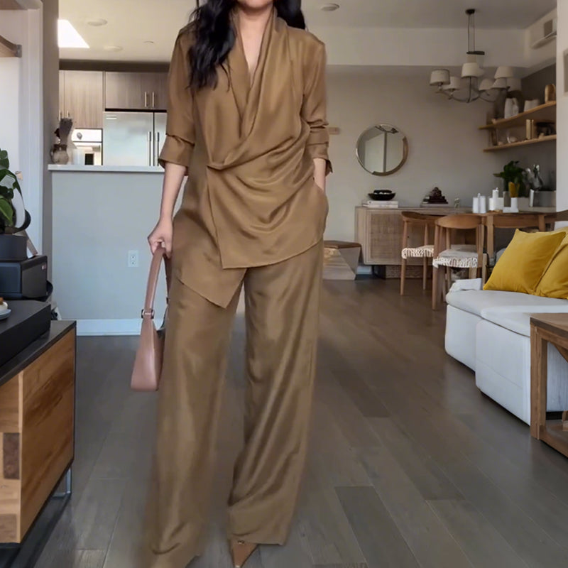 Ensemble Élégance Décontractée – Col V & Pantalon Fluide