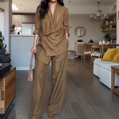 Ensemble Élégance Décontractée – Col V & Pantalon Fluide