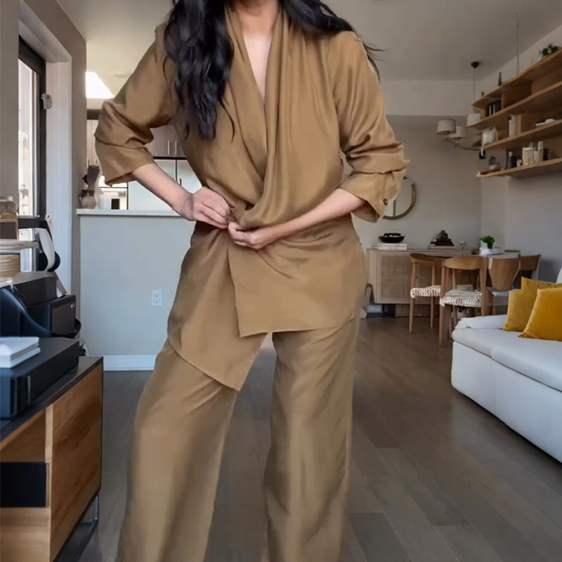 Ensemble Élégance Décontractée – Col V & Pantalon Fluide